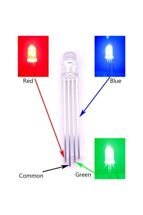 Rgb Led 5mm Şeffaf Katot (ORTAK EKSİ) 4 Bacaklı Katod Arduino Raspberry